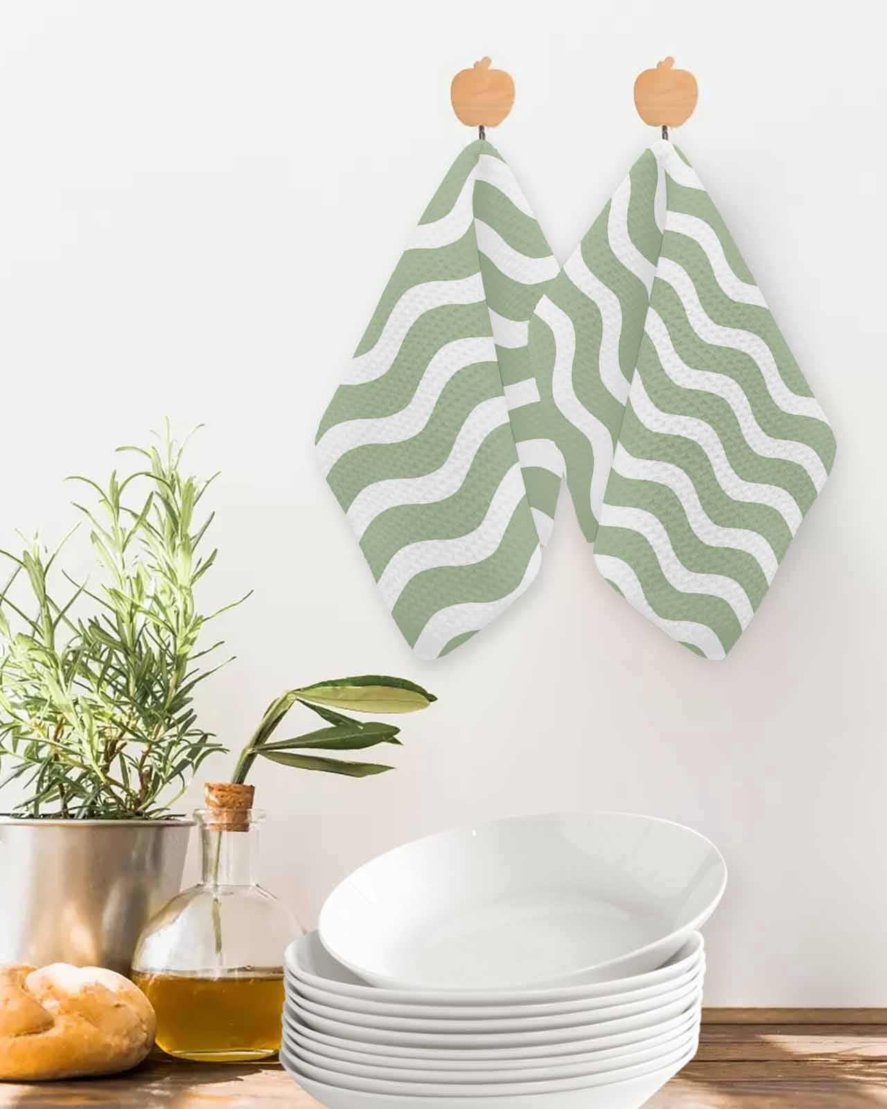 Sage Green Kitchen Dish Towels for Drying Dishes Set of 3, Modern Abstract Waves Water Ripple Striped Waffle Weave Microfiber Terry Hand Tea Bathroom Towels Quick Dry & Absorbent Towel 12x12