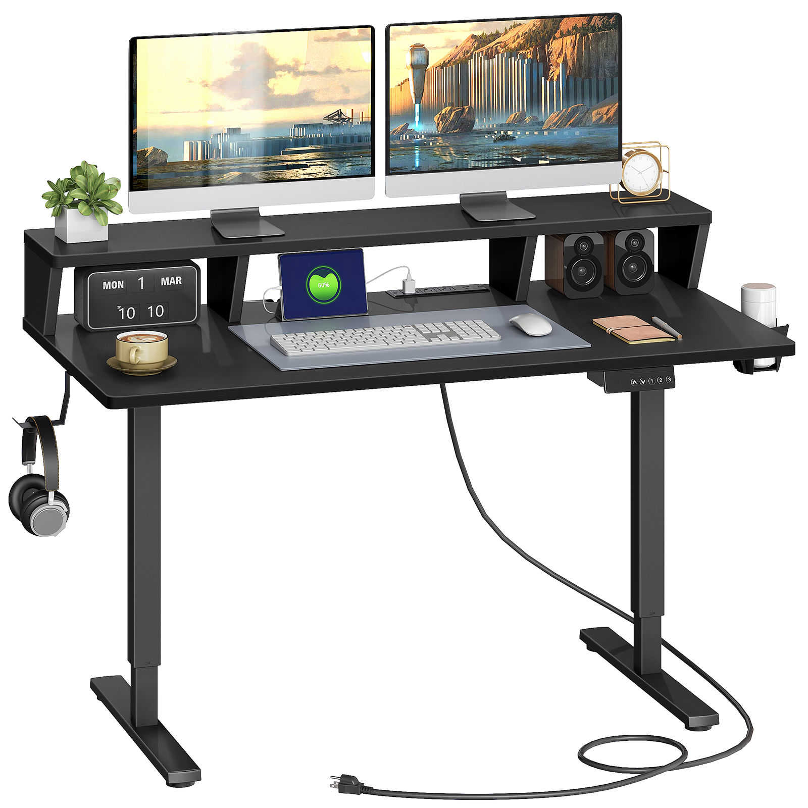 Adjustable Standing Desk with Charging Station - 3 Memory Presets Monitor Shelf Black Gray