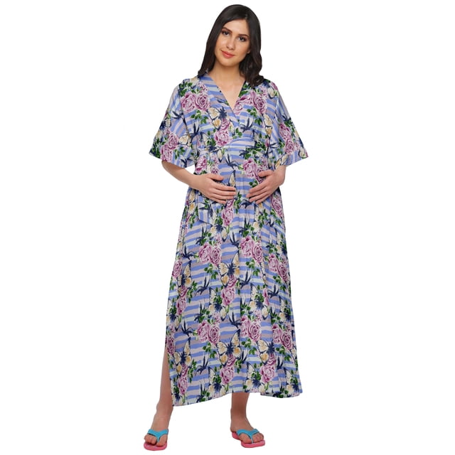 Moomaya Robe Maxi Kaftan de Maternité Longue pour Femmes à Manches Kimono Boutonnée