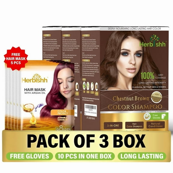 Herbishh Hair Color Shampoo for Grey Hair – Hair Dye Shampoo with Bio-Active Ingredients – Long Lasting Color – Travel-Friendly Pack (30 x 30ml Sachets)   5 Pack Hair Mask Sachets (Chestnut Brown)