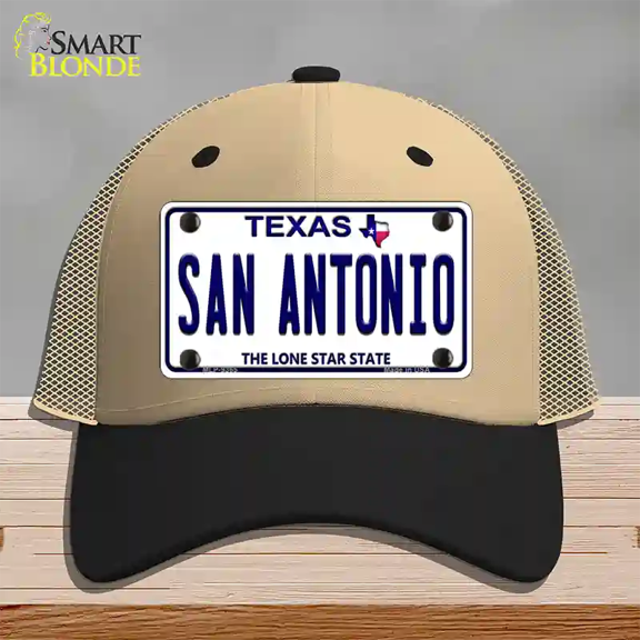 San Antonio Texas Novelty License Plate Hat Mesh Khaki|Black