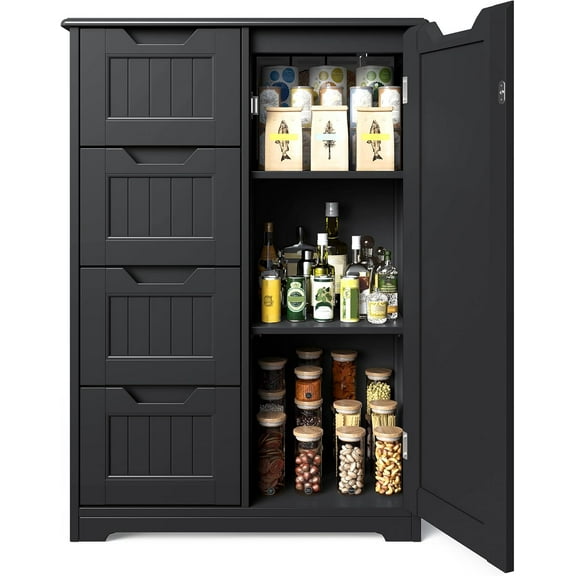 Small Pantry Cabinet with Door and Shelves, 33'' Kitchen Pantry Cabinet Freestanding Wooden Bathroom Storage Cabinet with 4 Drawers for Kitchen and Dining Room, Black