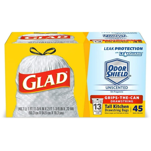 Glad Tall Kitchen Drawstring Trash Bags - OdorShield 13 Gallon Grey Trash Bag - 45 Count