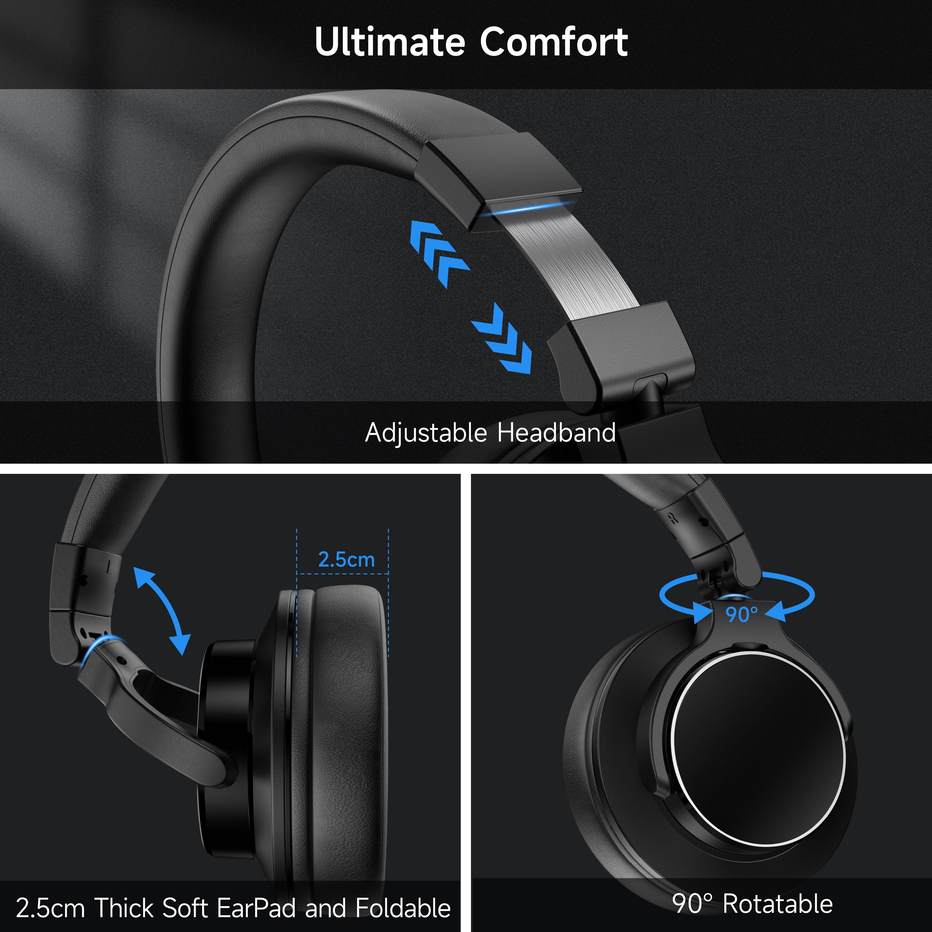 FFN DJ Headphones over Ear Wireless Headphones Monitor & Mixing, Studio Headphones with 50mm Neodymium Drivers and 1/4 to 3.5mm Jack for Amp Computer Recording Podcast Keyboard Guitar Laptop,Black