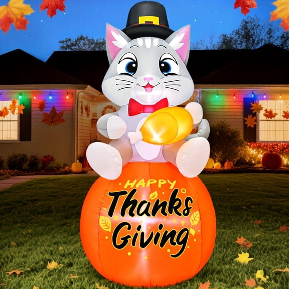 5ft Thanksgiving Inflatable Outdoor Decoration with LED Lights, Blow Up Thanksgiving Cat Sitting Pumpkin Outdoor Yard Decorations for Fall, Holiday, Party, Lawn Decor