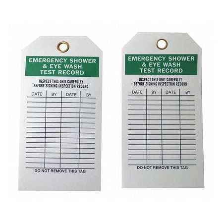 Tag, Emergency Shower & Eye Wash Test, Polyester, 5 1/2 in H x 3 in W, White, Rectangle, 25 PK