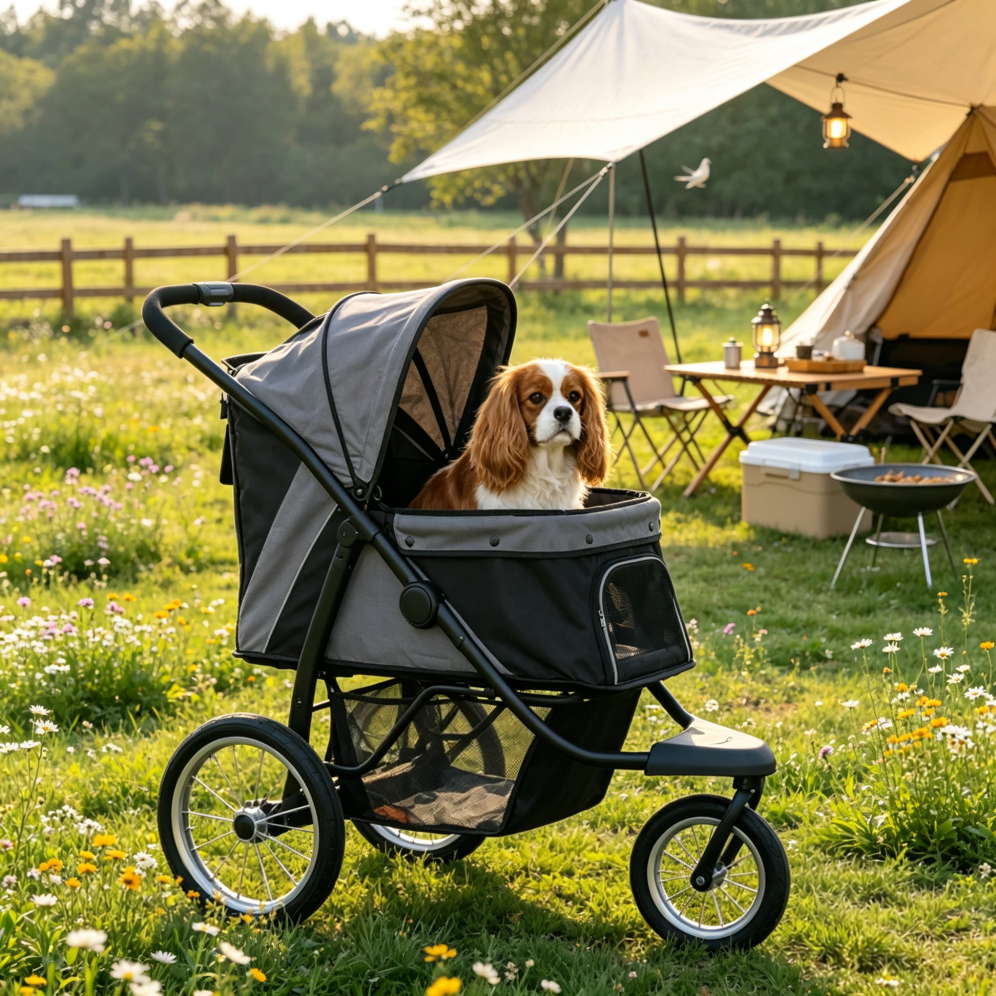 3-Wheel Pet Stroller for Small & Medium Dogs, Adjustable Canopy, Safety Tether, Storage Basket, Gray