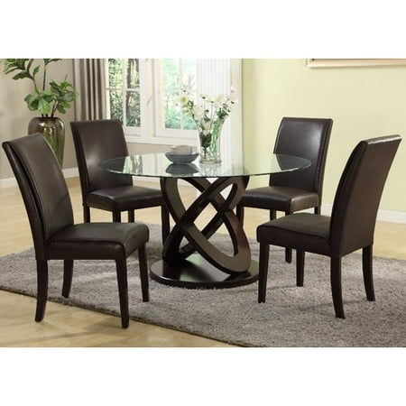 table glass dining piece round chairs espresso roundhill furniture upholstered faux leather