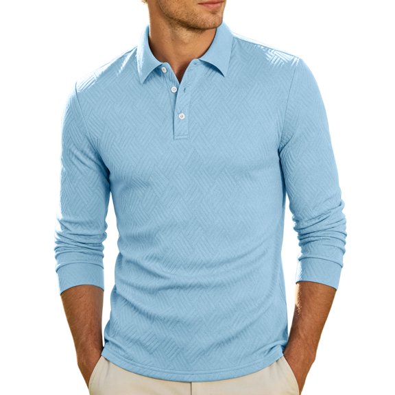 JTSRKL Mens Button Collared Shirts Solid Jacquard Long Sleeve Casual Knit Soft Tops Textured Regular Fit Breathable Lightweight Daily Tees Sky Blue XL