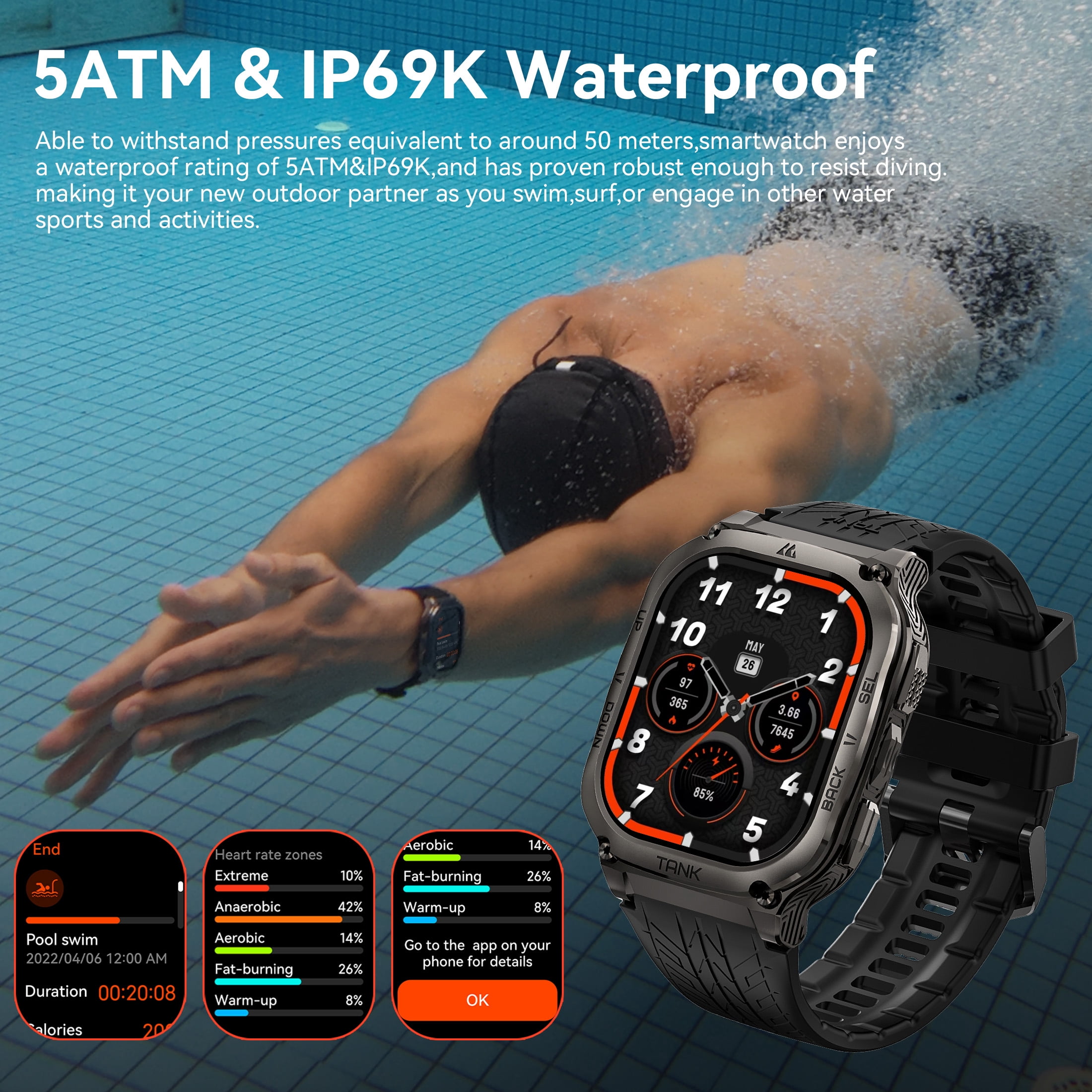 Smart Watch for Android and iPhone，Military Smartwatch for Men Women 1.96 "AMOLED display with 170 Sports Modes