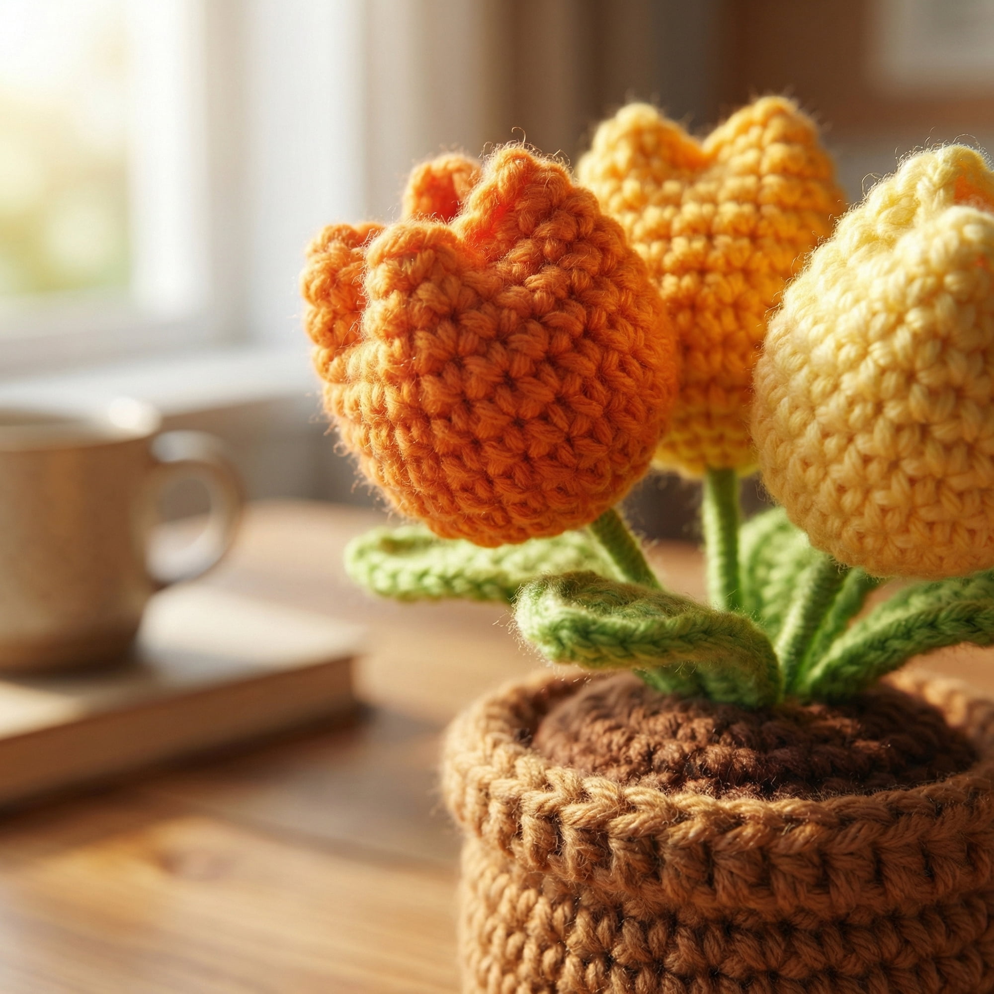 Unique Bargains Handmade Crochet Puffy Tulip Knitted Potted Plant Yellow 4.3inch