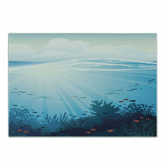 Cartoon Cutting Board, Ocean Design with Fish Aquarium Image Coral Reef Waves Art Print, Decorative Tempered Glass Cutting and Serving Board, Small Size, Teal Turquoise and Blue, by Ambesonne
