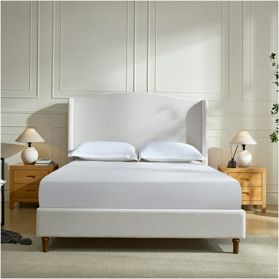 JERFIT Queen Upholstered Bed Frame with 54" Wingback Headboard, Ivory Chenille Fabric, No Box Spring Needed, Easy Assembly