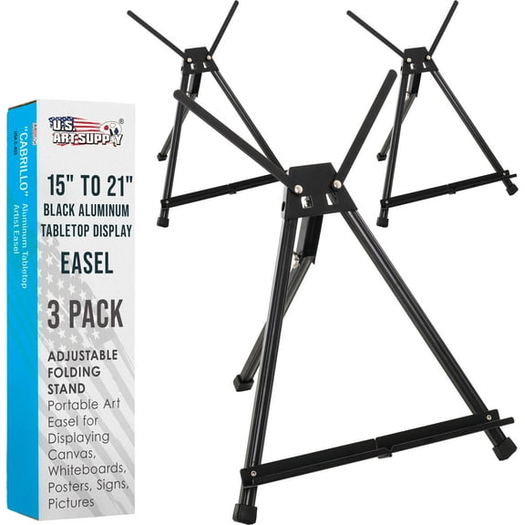 U.S. Art Supply 15" to 21" Adjustable Black Aluminum Tabletop Display Easel (Pack of 3) - Artist Tripod Stand with Wings