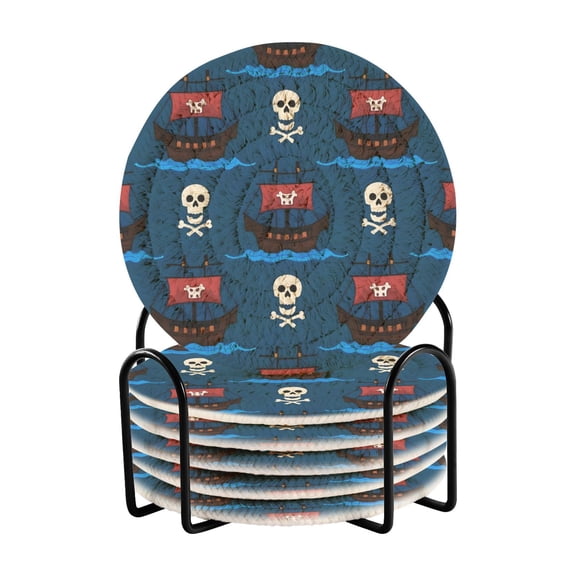 Haosy Set of 6 Drink Woven Coaster with Holder Heat Resistant Non-Slip Bar Coasters 4 Inches Pirate Ship and Skull