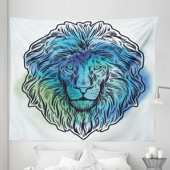 Lion Tapestry, Lion Portrait with Digital Effect King of Forest Illustration, Fabric Wall Hanging Decor for Bedroom Living Room Dorm, 5 Sizes, Pale Blue Turquoise, by Ambesonne
