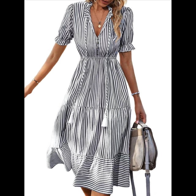 Vestido de Verano para Mujer, con Mangas Abullonadas y Volantes, Cuello en V, Cintura Alta, Informal, Holgado, A Rayas, Midi Gris L