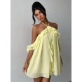 thumbnail image 5 of Light Yellow Womens Halter Tie Ruffle Chiffon Mini Dress For Vacation, Party, Or Summer Outing, 5 of 8
