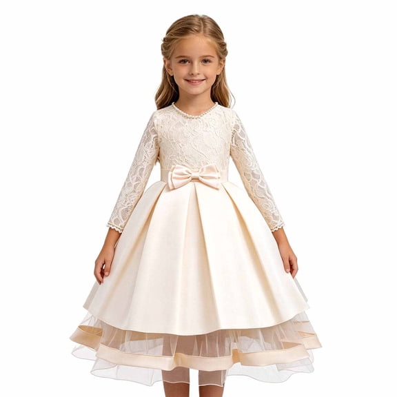 HAYIMI Child Elegant Lace Girls Party Dress Long Sleeve Satin Bodice Overlay Bow Evening Gown O-Neck Classic Dresses
