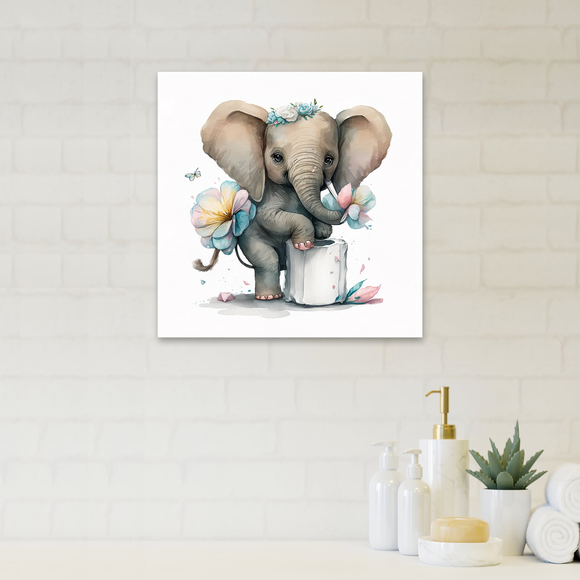 Designart Elephant Building A Tower Of Toilet Paper With Flowers II Canvas Wall Art