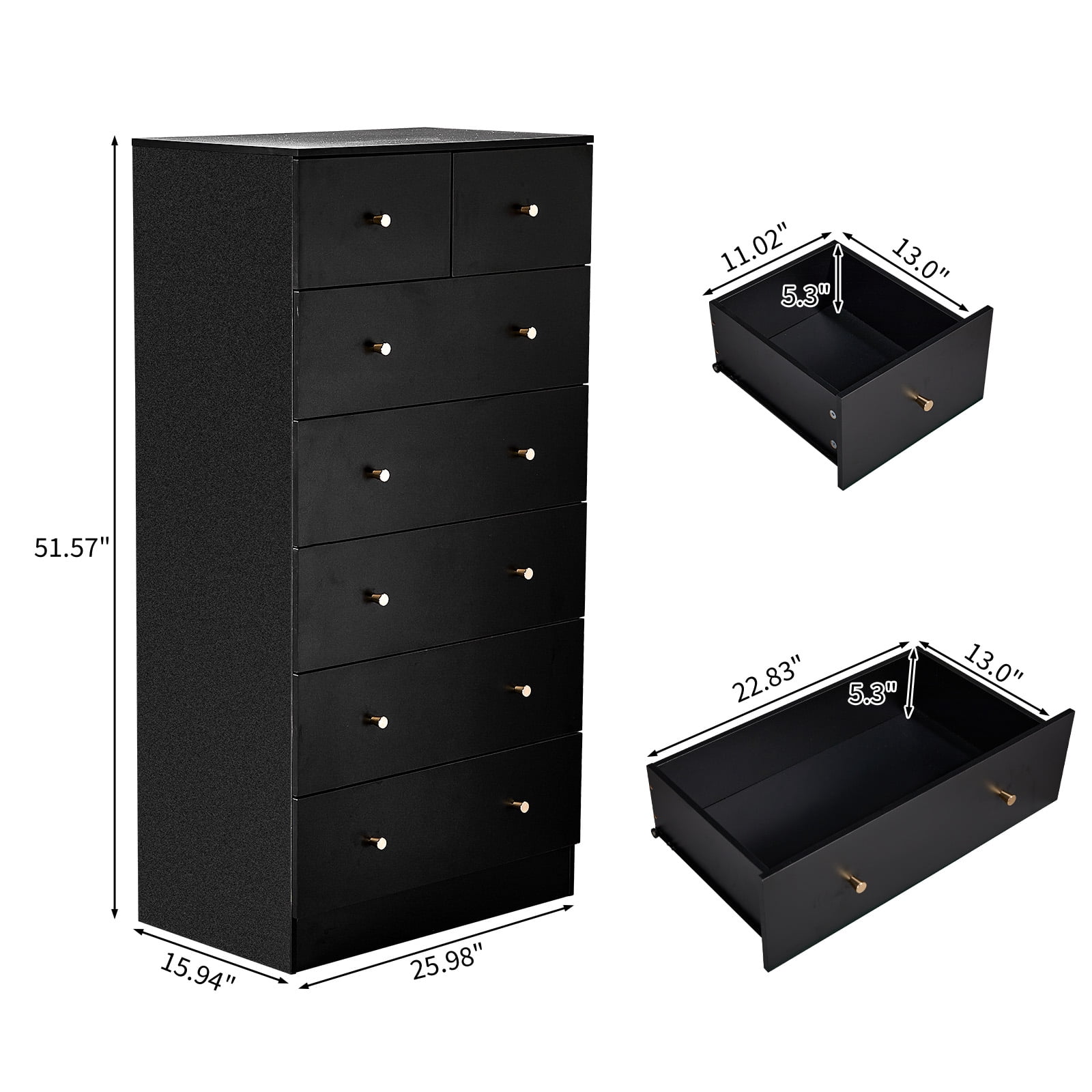 Black 7 Drawer Cabinet, Matte Gold Handles Textured Linen-Laminate Particle Board Cabinet, Tall Space-Saving Storage Organizer for Home Office Bedroom Living Area