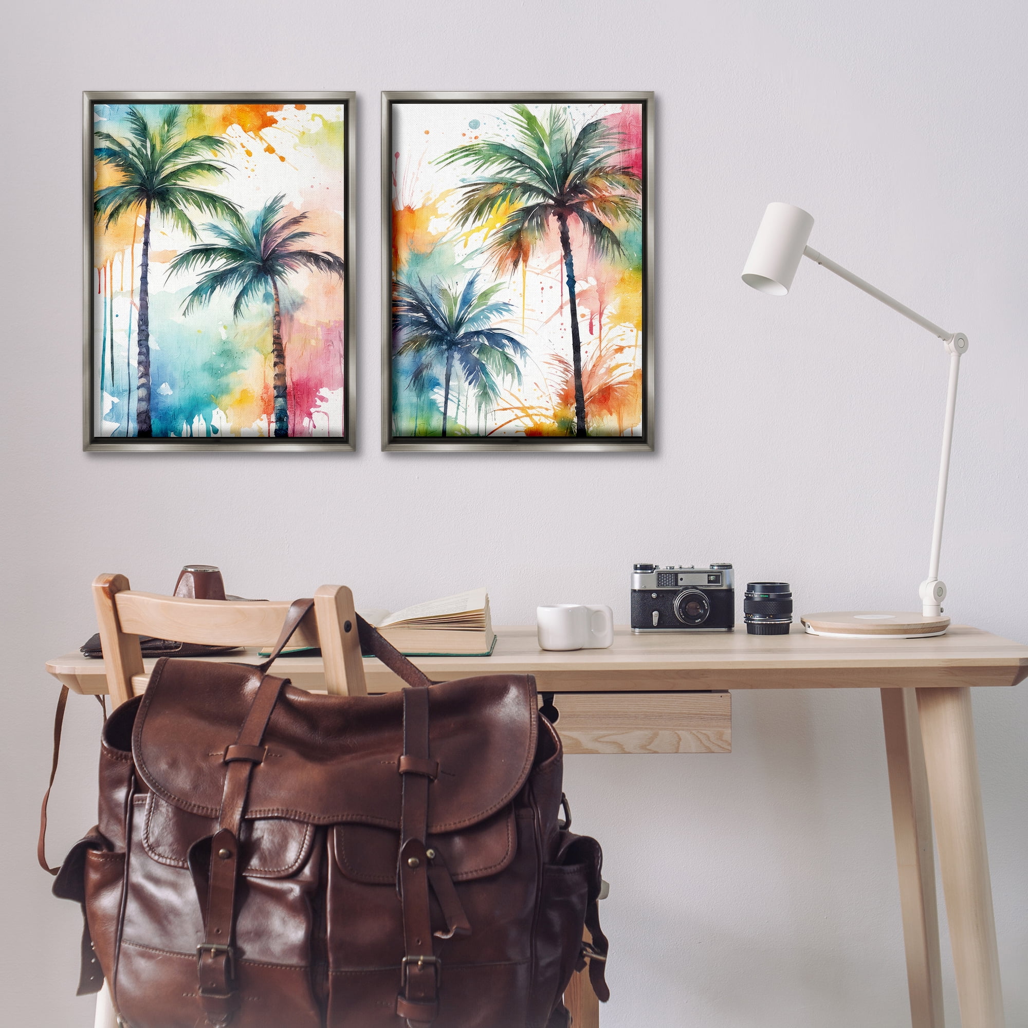 Stupell Industries Watercolor Splash Towering Palms Plants & Flowers Painting Gray Floater Framed Canvas Art Print Wall Art, 21 x 31, Set of 2