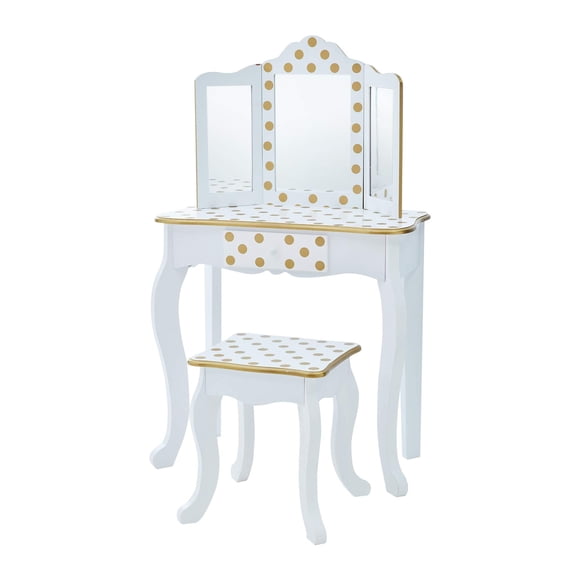 Teamson Kids Princesse Gisle à Pois Imprimé Ensemble de Coiffeuse pour Enfants en Bois 2 Pcs avec Table de Maquillage, Miroir Trifold, Tiroir de Rangement et Tabouret Assorti, Blanc avec Accent à Pois Dorés