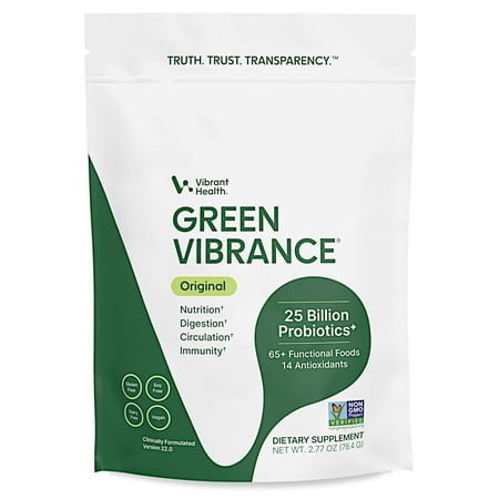 Vibrant Health, Green Vibrance, Includes 65 Plant-Based Superfoods, 25 Billion Probiotics, Fiber, Adaptogens & Enzymes, 2.77 Ounces (7 Servings)