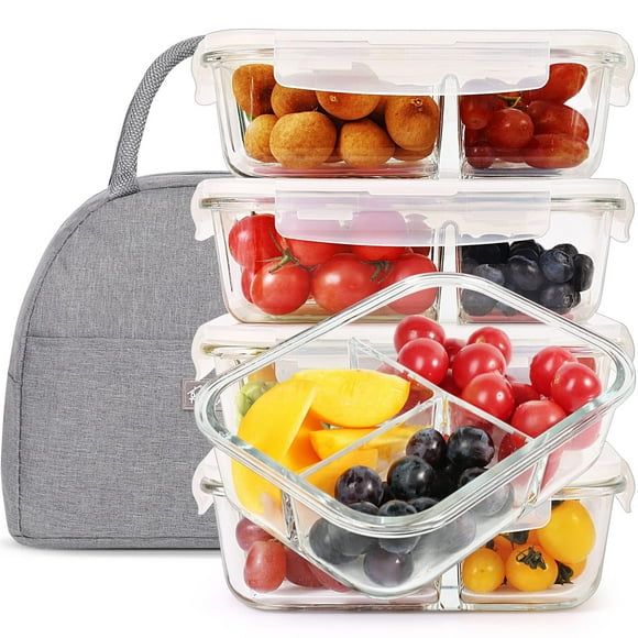DAS TRUST 5 Pack 36oz Bento Box Glass Meal Prep Containers 3 Compartments Clear Glass Food Storage Containers with Lids Meal Prep Bowls Lunch Box