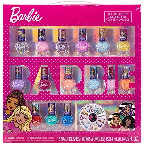 Barbie - Set de Uñas Secado Rápido y Retirado no Tóxico de Townley Girl para Niñas, 3+, incluye 15 esmaltes en paquete con gemas y lima