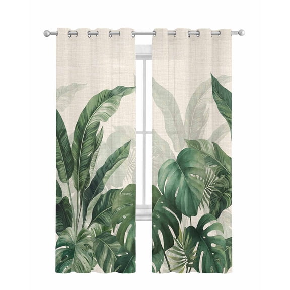 Palm Leaves Tropical Sheer Curtains 63 Inch Length 2 Panels Set for Living Room/Bedroom, Green Botanical Summer Linen Kitchen Curtains Grommet Semi-Sheer Curtains Drapes Window Treatments 42"x63"x2
