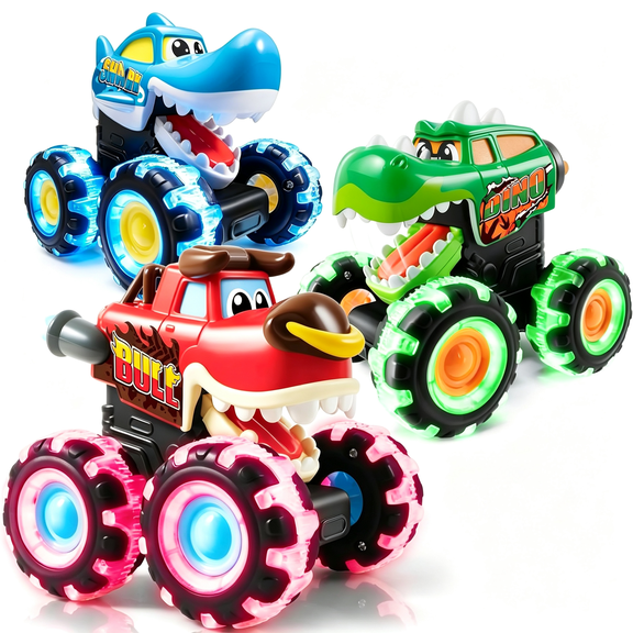 CYFW 3 Pack Monster Truck Toy - Motion Activated Light Up Cars for Toddlers - Monster Glow Rover Led Wheels - Baby Boy Toys - Press and Go Dinosaur Trucks for Kids Boy Birthday Gifts