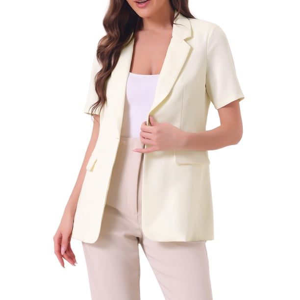 Blazer de solapa INSPIRE CHIC para mujeres, de manga corta, con botones, abierto en la parte delantera, blazers de oficina con bolsillos, color beige, talla XL