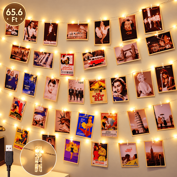 PEUHOP 2-Pack Photo Clip String Lights, 65.6 ft 200 LED Fairy Lights, USB Warm White String Lights with 100 Clips, Picture Hanging Lights for Room Decor and Photo Wall Display