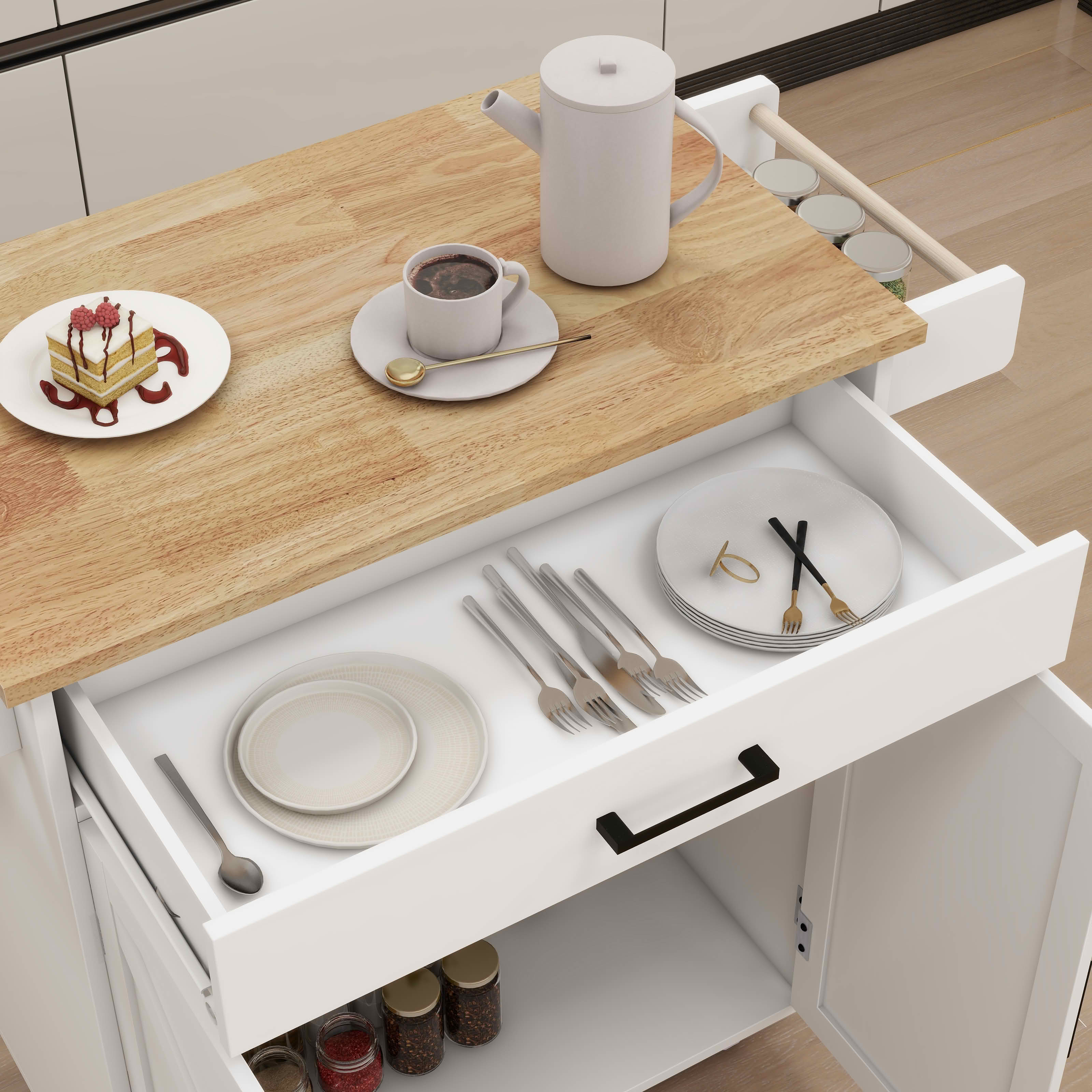 MAYEERTY Kitchen Island Rolling Trolley Cart, Rubber Wood Top with Adjustable Shelves Towel Rack Seasoning Rack White