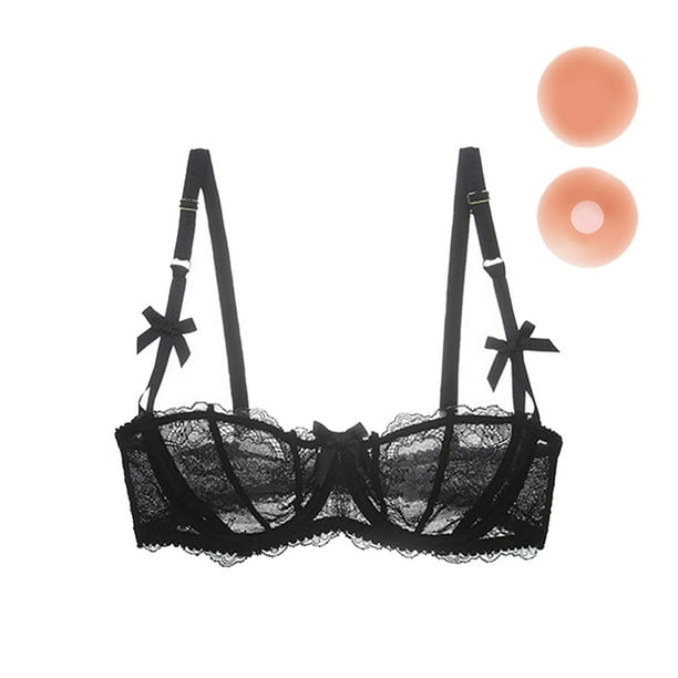 Women's Lace Unlined Balconette Demi-Cup Underwire Sheer Bra with Reusable  Adhesive Cover