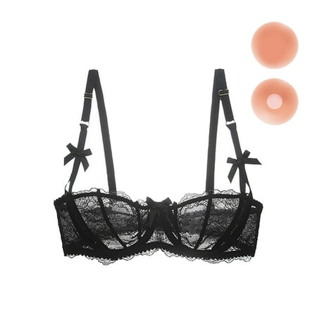 Women s Lace Unlined Balconette Demi-Cup Underwire Sheer Bra with Reusable Adhesive Cover