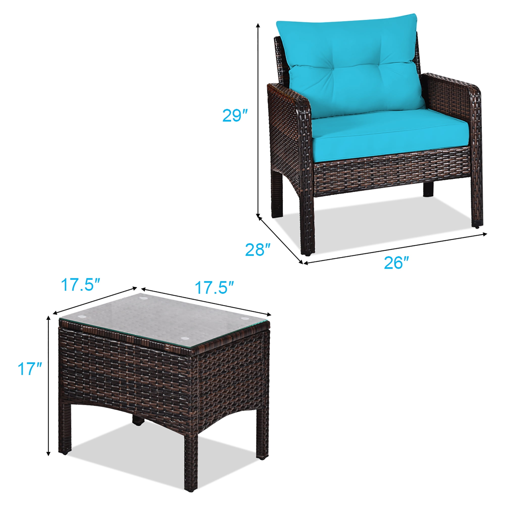 Costway 3PCS Outdoor Rattan Conversation Set Patio Garden Cushioned Sofa Chair Turquoise