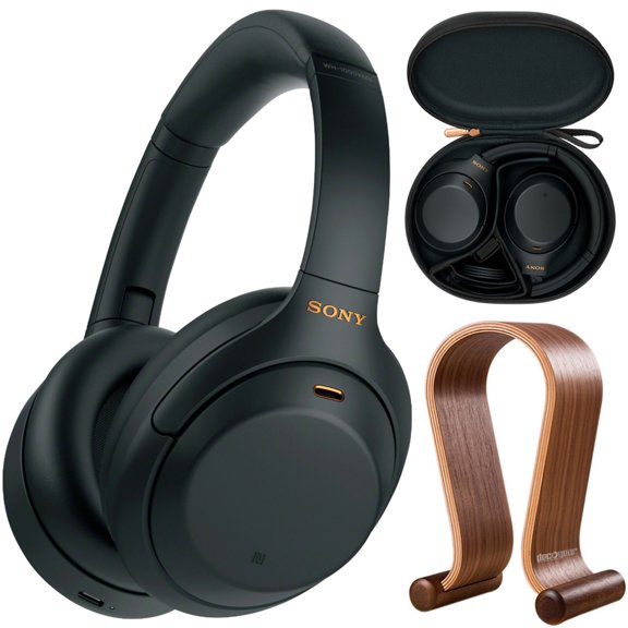 Open Box Sony WH1000XM4/B Premium Noise Cancelling Wireless Over-the-Ear Headphones Bundle with Deco Gear Wood Headphone Display Stand and Protective Travel Carry Case