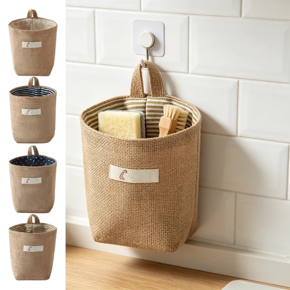 Small Cotton Linen Hanging Storage Basket, Washable Wall Mounted Organizer Bag, Practical Container for Kitchen, Bathroom and Household Sundries Arrangement
