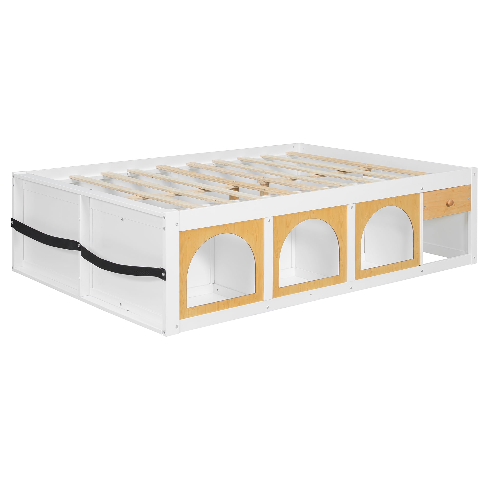 Mintazer Modern Full Size Bed with Bookshelf and 3 Open Cubbies & Drawer, Platform Bed Frame with LED Light for Kids Bedroom, Natural & White