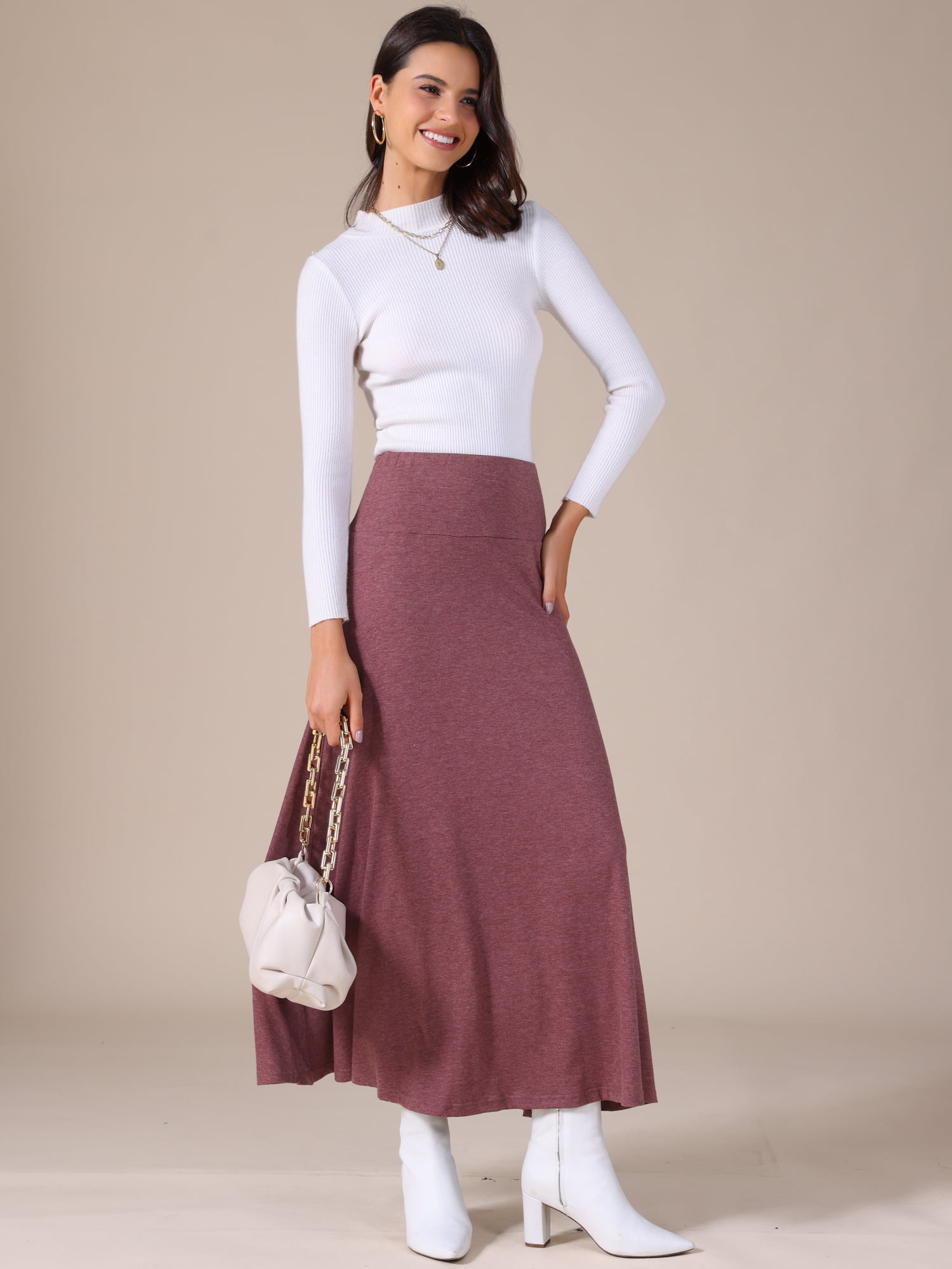 DARING DIVA Women's Foldable High Waist Flowy Flare Maxi Skirts M Burgundy