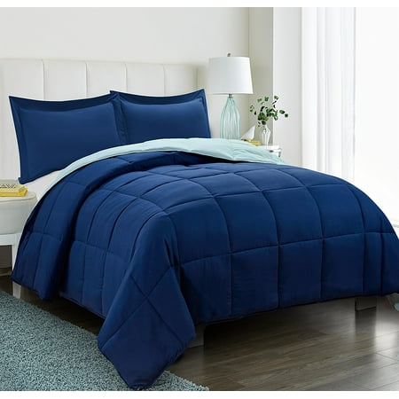 All Season Down Alternative Comforter Set- 2pc Box Stitched Reversible Comforter with One Sham -Quilted Duvet Insert with Corner Tabs - Hypoallergenic, Supersoft, Wrinkle Resistant - Navy Twin Size