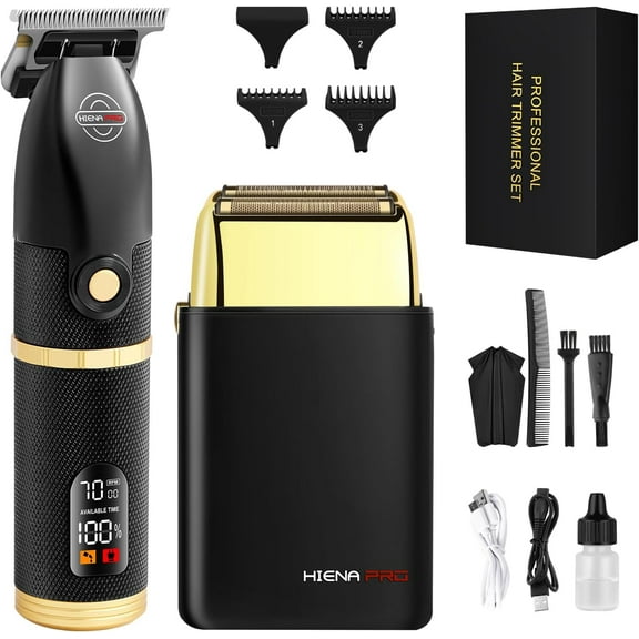 HIENA PRO Hair Trimmers and Foil Shaver for Men Kit， Men‘s Professional Cordless Barbers Hair Clippers with LCD Display， Black Gold Zero Gapped Hair Trimmer, Double Foil Shaver， Gifts for Men