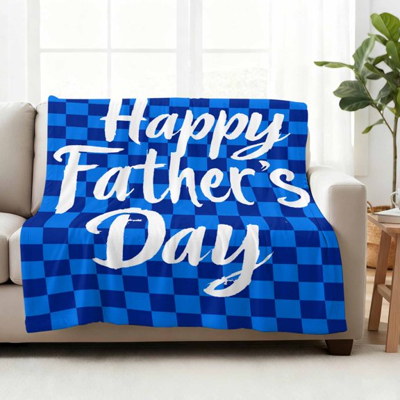 Fleece Blanket Happy Father's Day Blankets,Soft Cozy Warm Flannel Throw Blanket,Classic Blue Plaid Blanket for Bed Couch Sofa 50x60in