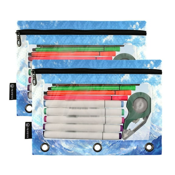 Ckdifva Snow Mountain Pencil Pouch 3 Ring Zipper Pencil Case Binder Pockets Clear Top Cosmetic Bag 2 Pack