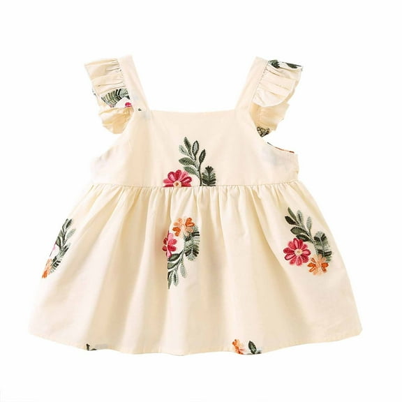 ZACPNCV Toddler Baby Girls Summer Outfit Puff Sleeve Flower Party Dress Smocked Baby Girl Clothes Beige 18-24 Months