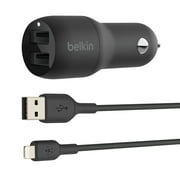 Belkin 24-Watt Dual USB Car Charger - 2 12W USB-A Ports with Lightning Cable - Fast Charging for Apple iPhone, Samsung Galaxy, AirPods, & More - USB-C Charger