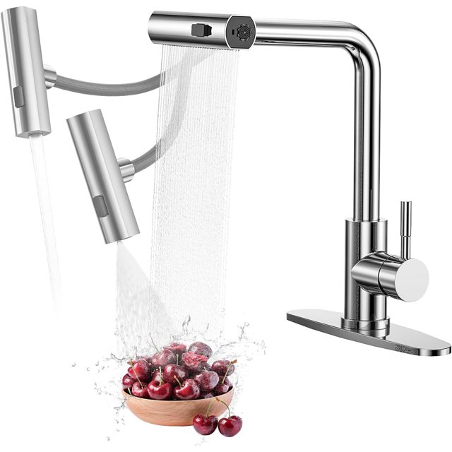 Waterfall Kitchen Faucet with Soap Dispenser Gold Kitchen Faucet with Pull Down Sprayer Modes(Waterfall/Stream/Sweep) Stainless Steel Kitchen Faucets for Sink with Deck-Plate