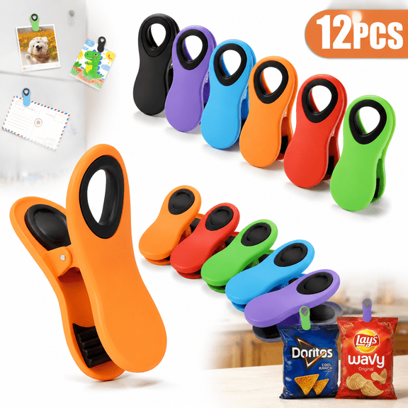 Genreen 12-Pack Magnetic Chip Clips – Heavy Duty Food Bag Sealers with Soft Grip – Assorted Colors Air Tight Clamps for Kitchen, Fridge, and Home Organization
